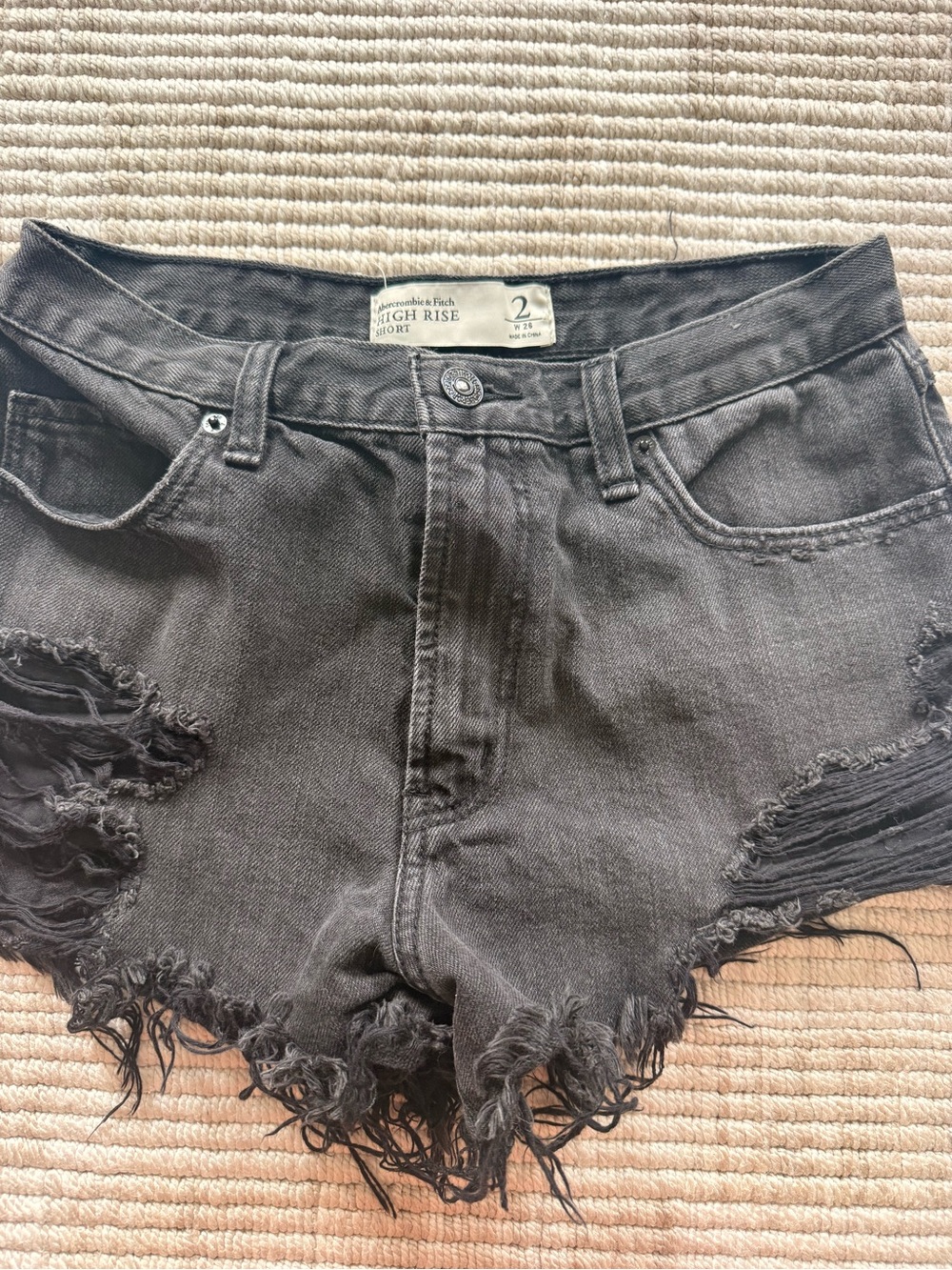 Abercrombie & Fitch Black High-Rise Distressed Denim Shorts